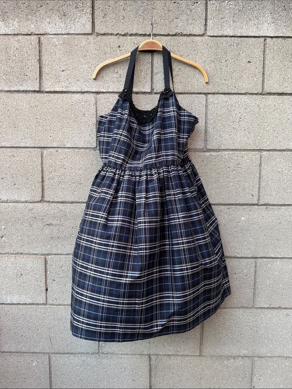 Navy, White and Black Plaid Halter Dress